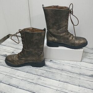 Seven7 Combat Moto Boots SZ 7 Mr. Zipper BRONZE Faux Leather. Condition is Pre-o